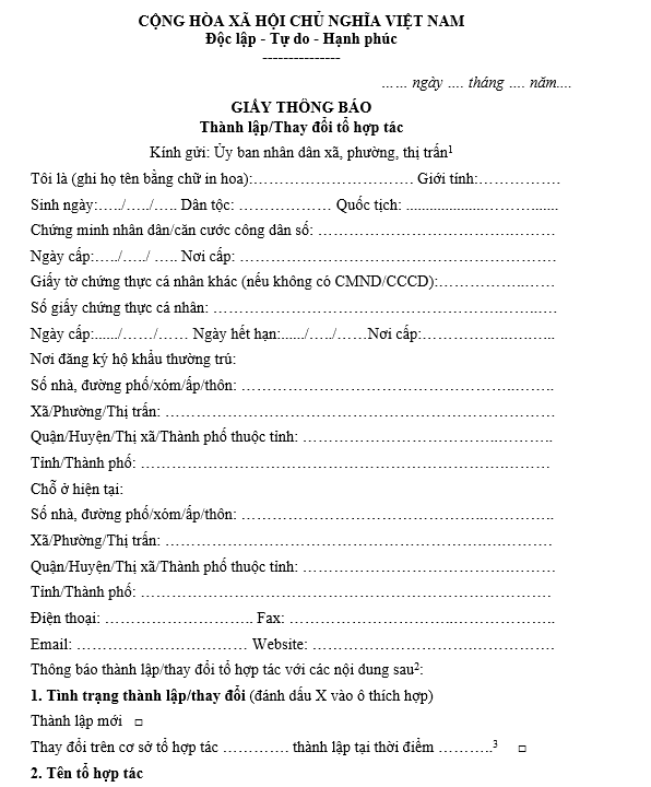 Mẫu thông báo thành lập, thay đổi tổ hợp tác