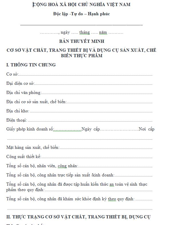 Bản thuyết minh cơ sở vật chất, trang thiết bị và dụng cụ sản xuất, chế biến thực phẩm