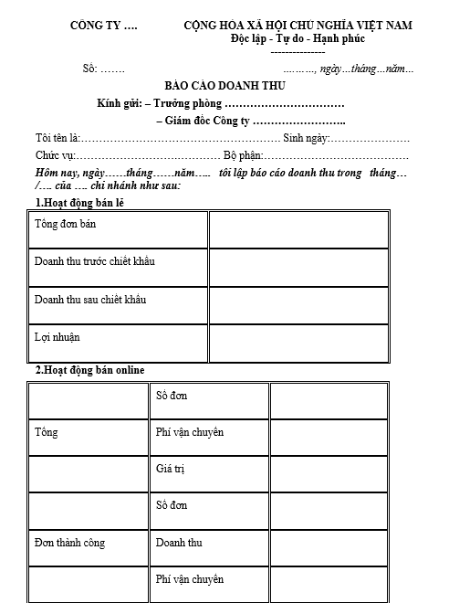 Mẫu báo cáo doanh thu