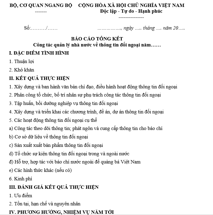 Mẫu báo cáo tổng kết công tác quản lý nhà nước về thông tin đối ngoại