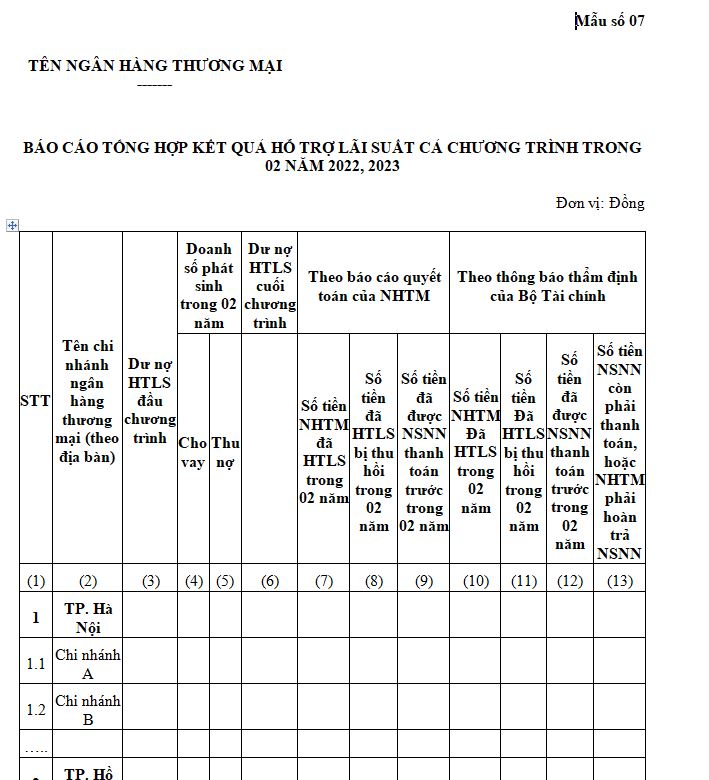 Mẫu số 07 : Báo cáo tổng hợp kết quả hỗ trợ lãi xuất các chương trình