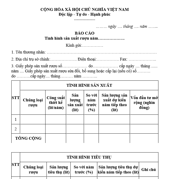 Mẫu báo cáo tình hình sản xuất rượu