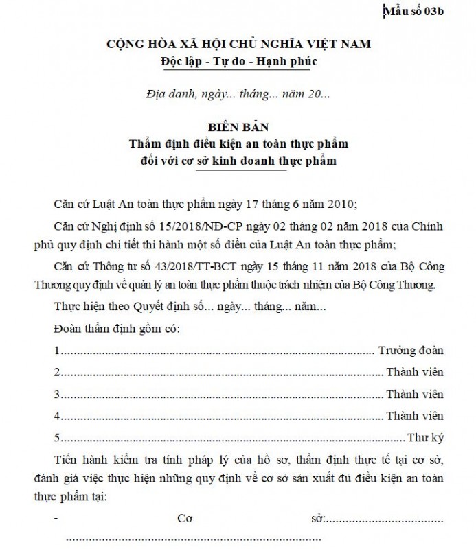 Mẫu số 03b: Biên bản thẩm định điều kiện an toàn thực phẩm (đối với cơ sở kinh doanh)