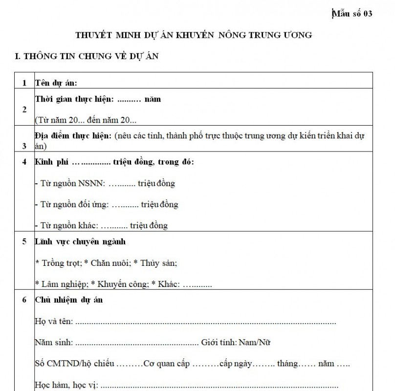 Mẫu số 03: Thuyết minh dự án khuyến nông trung ương