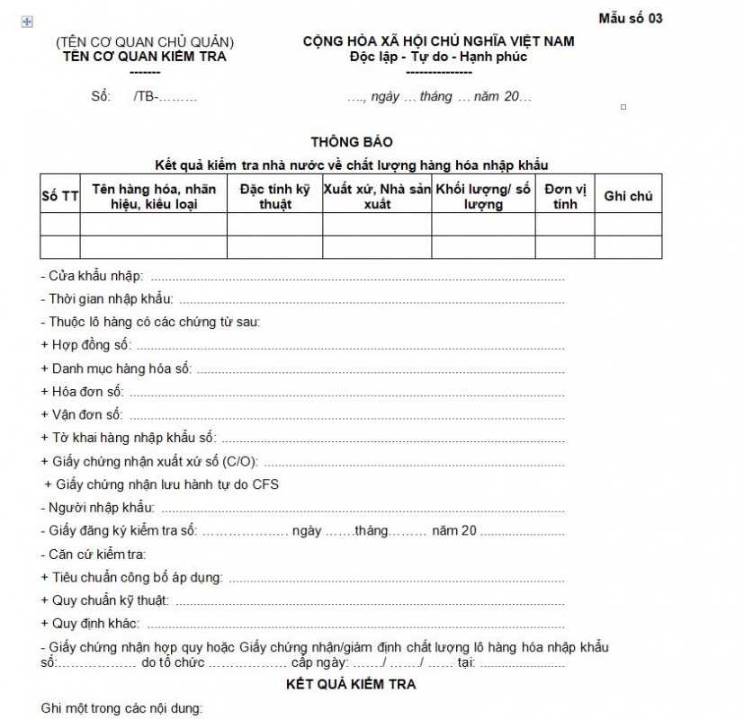 Mẫu số 03: Thông báo kết quả kiểm tra nhà nước về chất lượng hàng hóa nhập khẩu