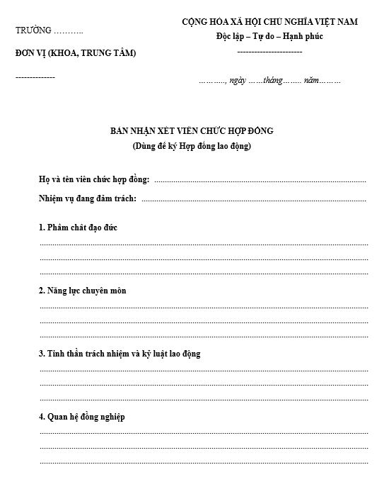 Bản nhận xét viên chức hợp đồng - để ký HĐ lao động