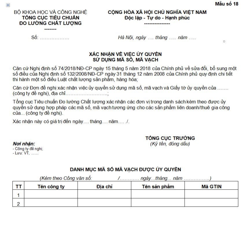 Mẫu số 18: Xác nhận ủy quyền sử dụng mã số, mã vạch