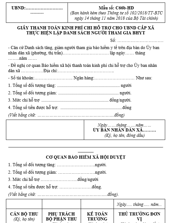 Mẫu số C66b-HD: Giấy thanh toán kinh phí cho UBND xã lập danh sách người tham gia BHYT