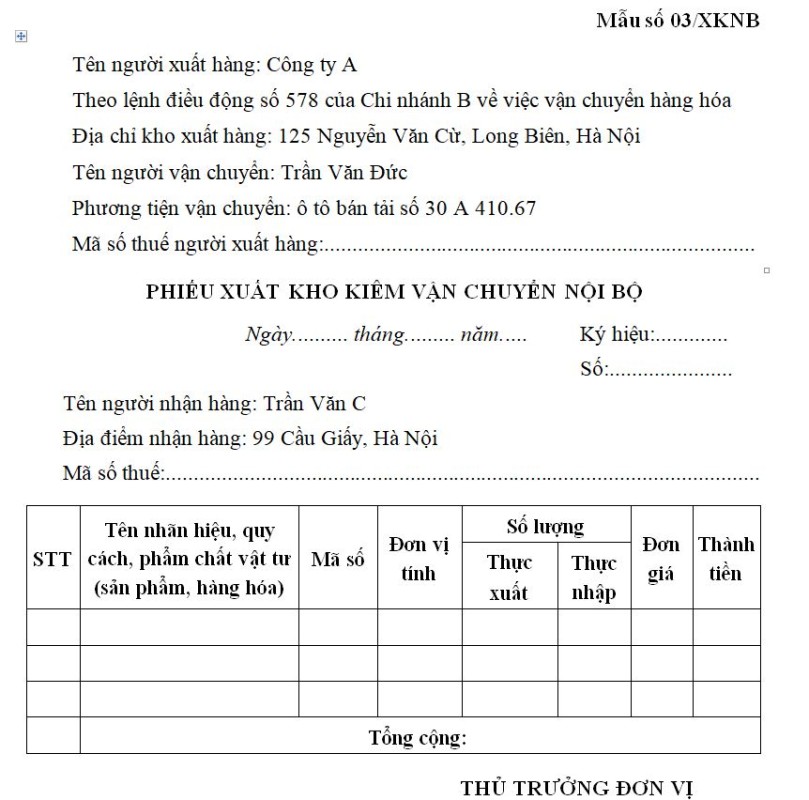 Mẫu 03/XKNB: Phiếu xuất kho kiêm vận chuyển nội bộ