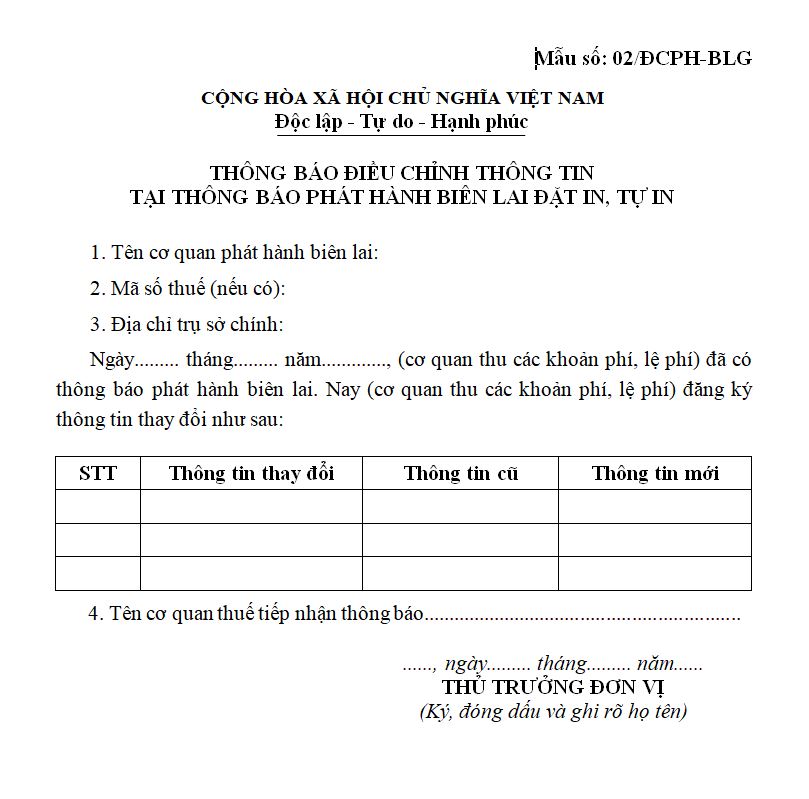 Mẫu 02/ĐCPH-BLG: Thông báo điều chỉnh thông tin tại Thông báo phát hành biên lai