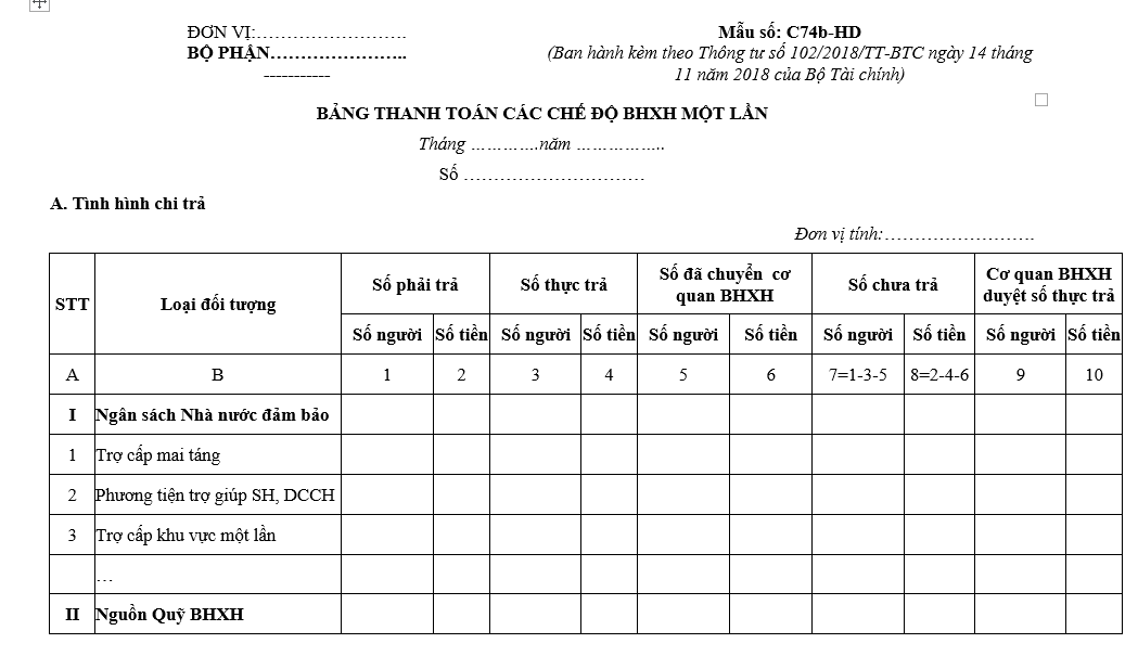 Mẫu số C74b-HD: Bảng thanh toán các chế độ BHXH một lần