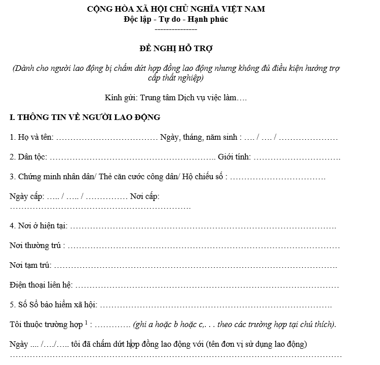 Mẫu 07: Đề nghị hỗ trợ của người lao động chấm dứt hợp đồng lao động không đủ điều kiện hưởng trợ cấp thất nghiệp