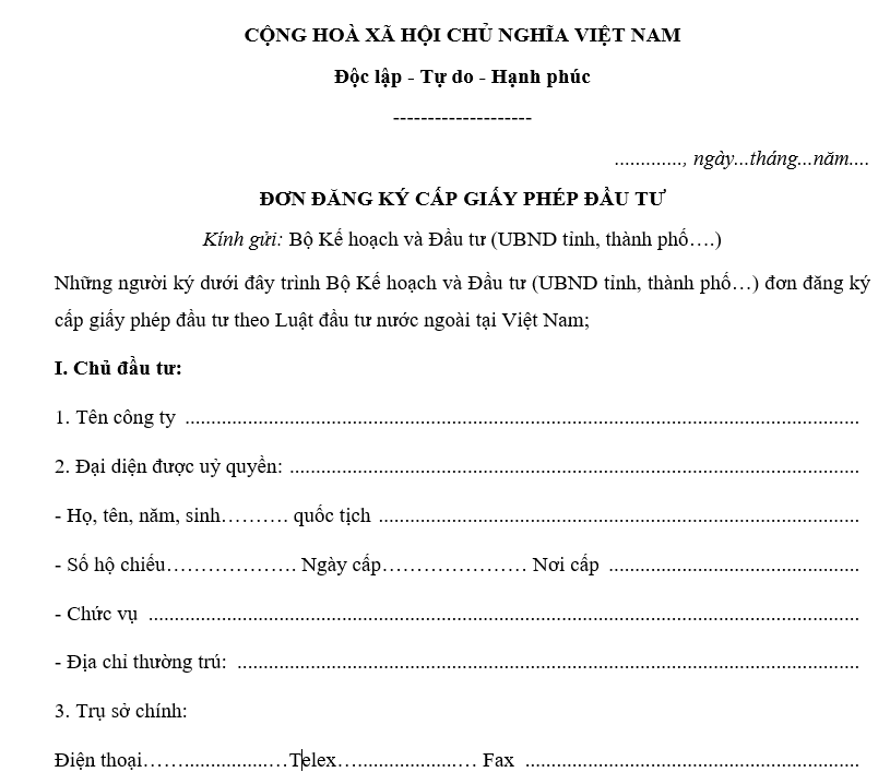 Mẫu đơn đăng ký cấp phép đầu tư