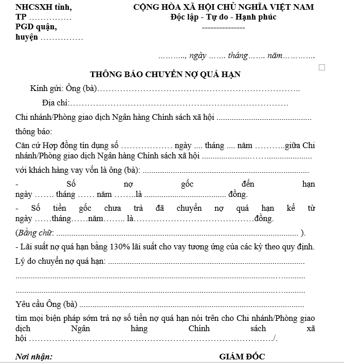 Mẫu thông báo chuyển nợ quá hạn