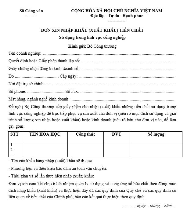 Mẫu đơn xin nhập xuất khẩu tiền chất sử dụng trong lĩnh vực công nghiệp