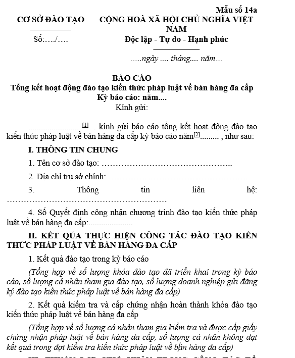 Mẫu số 14a: Báo cáo tổng kết hoạt động đào tạo kiến thức pháp luật về bán hàng đa cấp