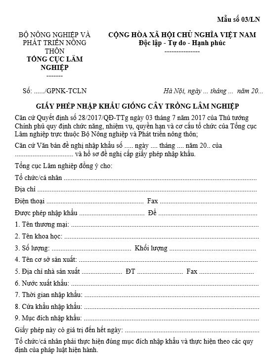 Mẫu số 03/LN giấy phép nhập khẩu giống cây trồng lâm nghiệp