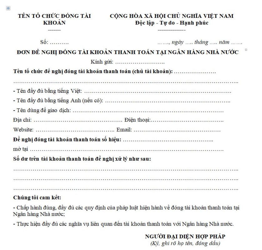 Mẫu đơn đề nghị đóng tài khoản thanh toán tại Ngân hàng Nhà nước