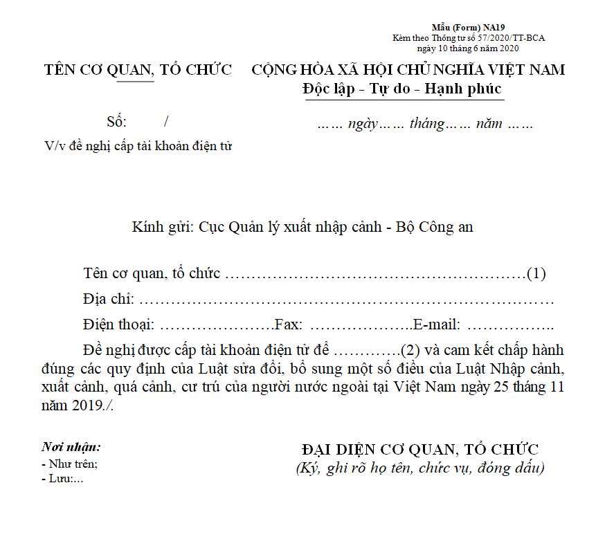 Mẫu NA19 - Đơn đề nghị cấp tài khoản định danh điện tử cho doanh nghiệp