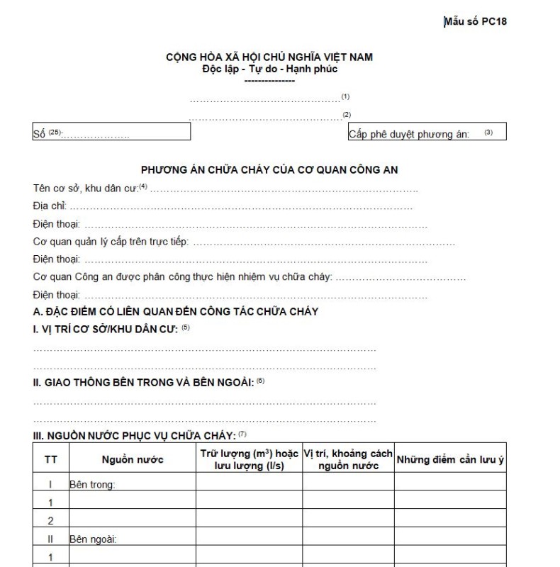 Mẫu số PC18: Phương án chữa cháy của cơ quan Công an