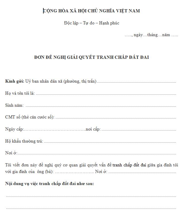 Mẫu Đơn đề nghị giải quyết tranh chấp đất đai