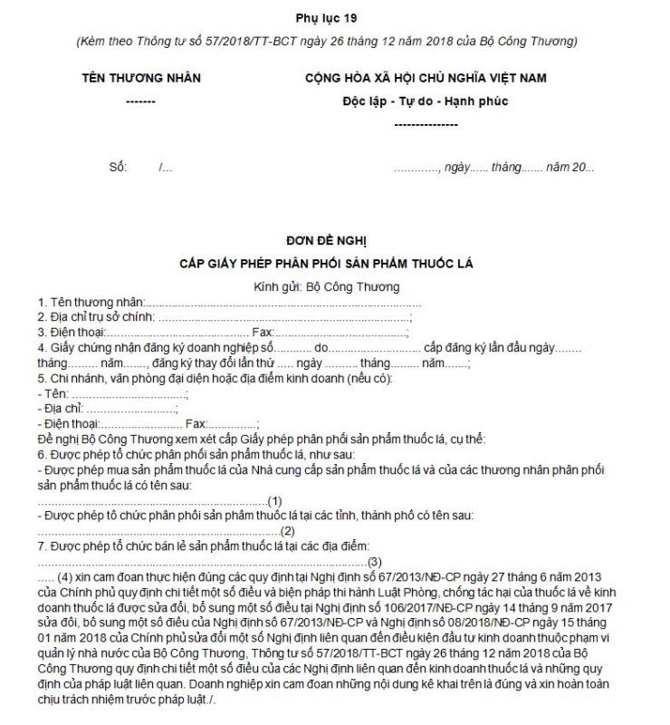 Phụ lục 19: Đơn đề nghị cấp phép phân phối sản phẩm thuốc lá