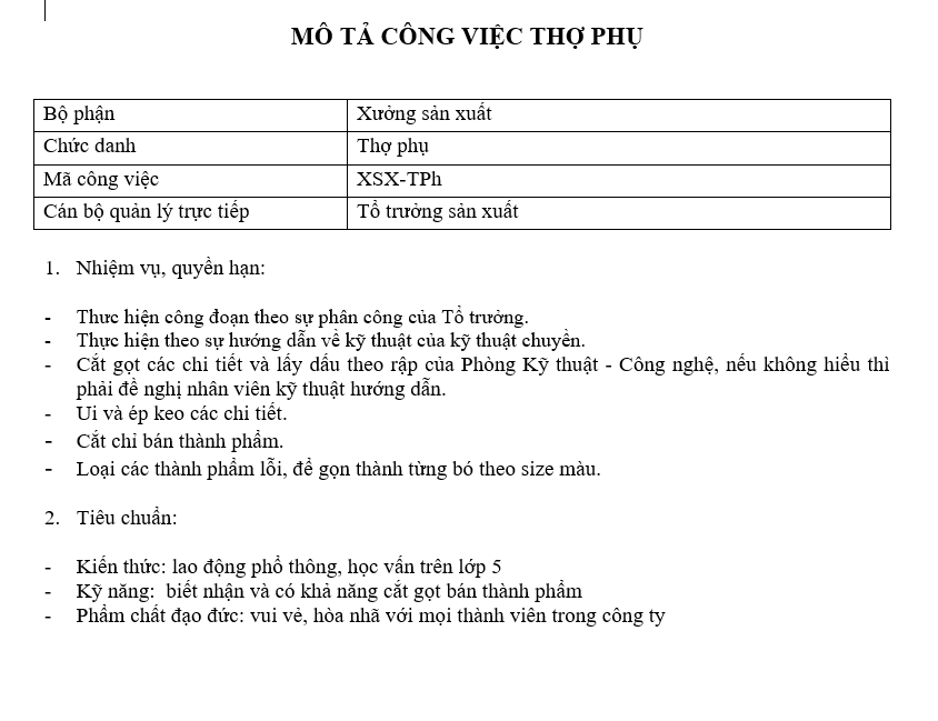 Bảng mô tả công việc của nhân viên thợ phụ