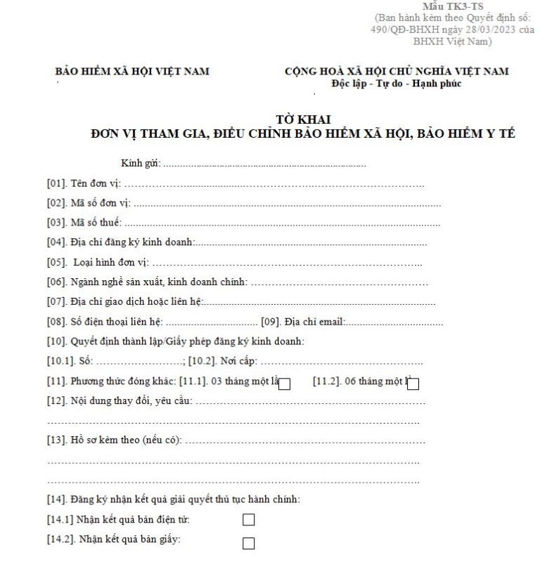 Mẫu TK3-TS: Tờ khai đơn vị tham gia, điều chỉnh BHXH, BHYT