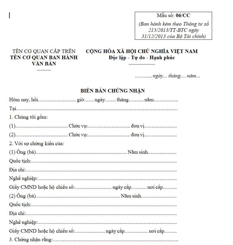 Mẫu số 06/CC: Biên bản chứng nhận