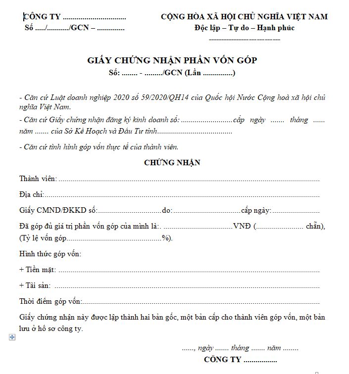 Mẫu giấy chứng nhận góp vốn công ty TNHH