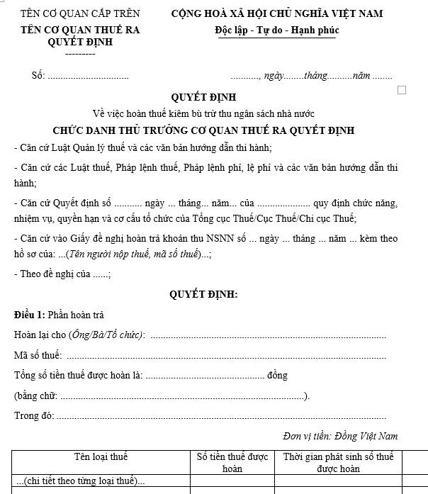 Mẫu số 02QĐHT: Quyết định về việc hoàn thuế kiêm bù trừ thu ngân sách Nhà nước