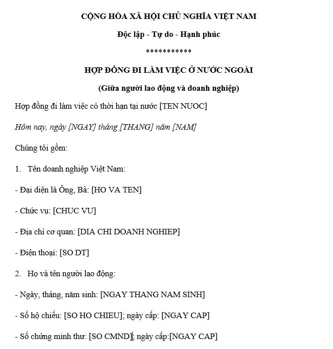 Mẫu hợp đồng đi làm việc ở nước ngoài