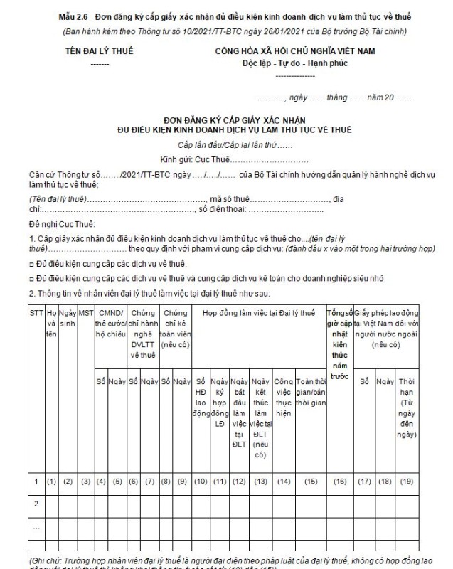 Mẫu 2.6: Đơn đăng ký cấp giấy xác nhận đủ điều kiện kinh doanh dịch vụ làm thủ tục về thuế