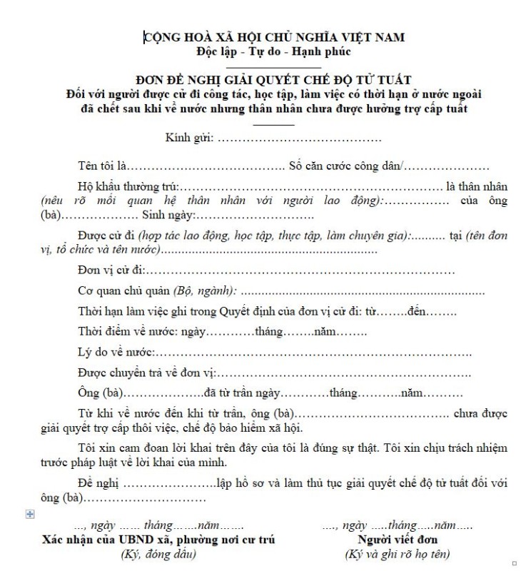Mẫu đơn đề nghị giải quyết chế độ tử tuất của người đi làm việc ở nước ngoài