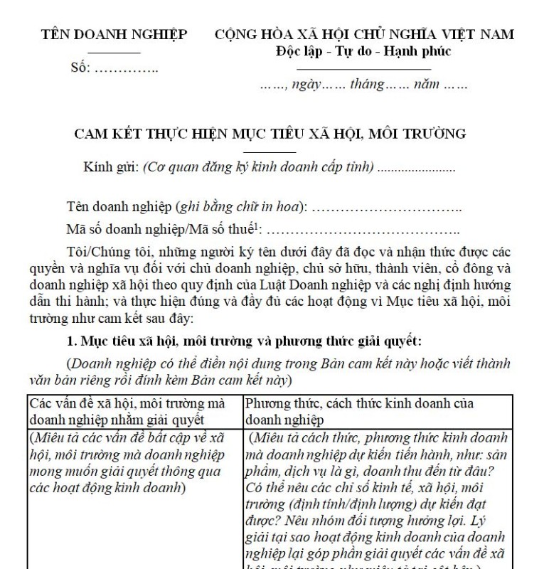 Mẫu Cam kết thực hiện mục tiêu xã hội, môi trường của doanh nghiệp