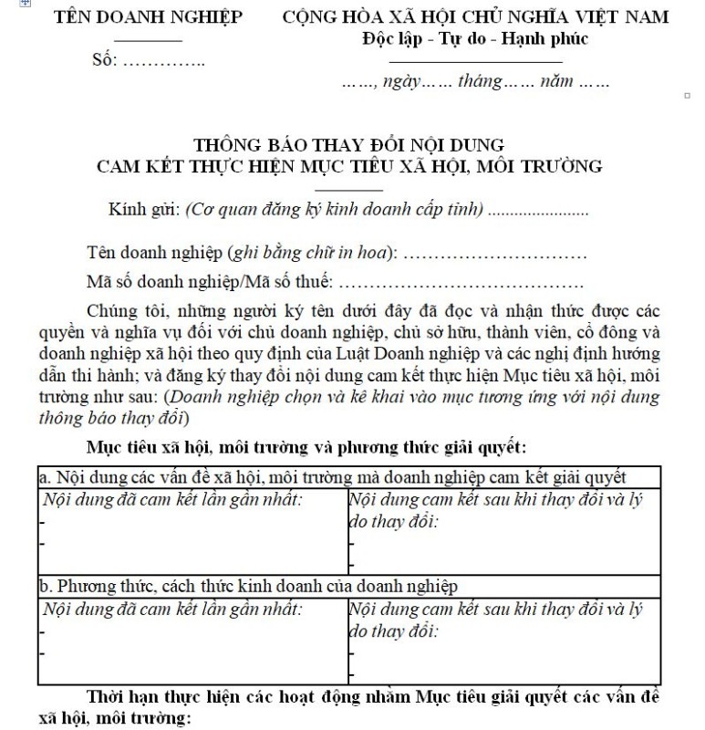 Mẫu Thông báo thay đổi nội dung Cam kết thực hiện mục tiêu xã hội, môi trường của doanh nghiệp