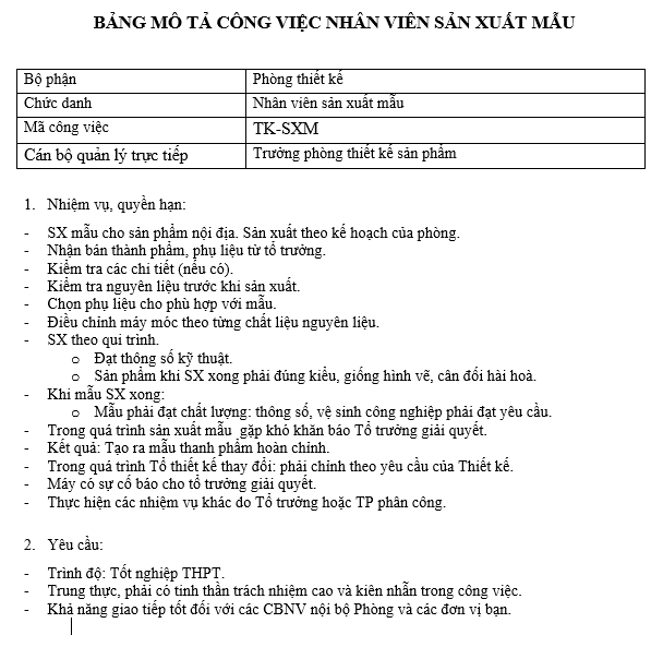 Bảng mô tả công việc của nhân viên sản xuất mẫu