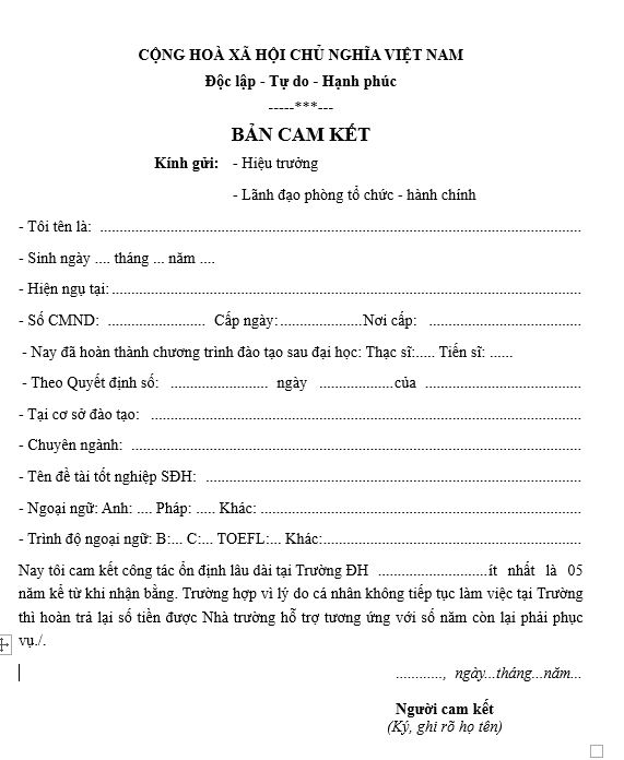 Mẫu bản cam kết làm việc dài hạn sau đào tạo