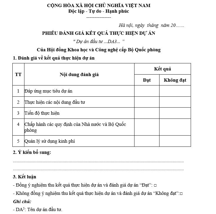 Mẫu phiếu đánh giá kết quả thực hiện dự án