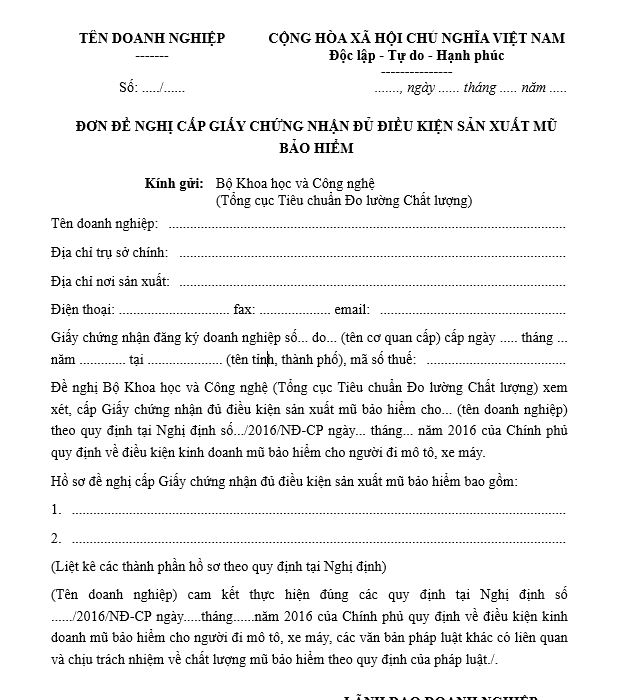 Đơn đề nghị cấp giấy chứng nhận đủ điều kiện sản xuất mũ bảo hiểm