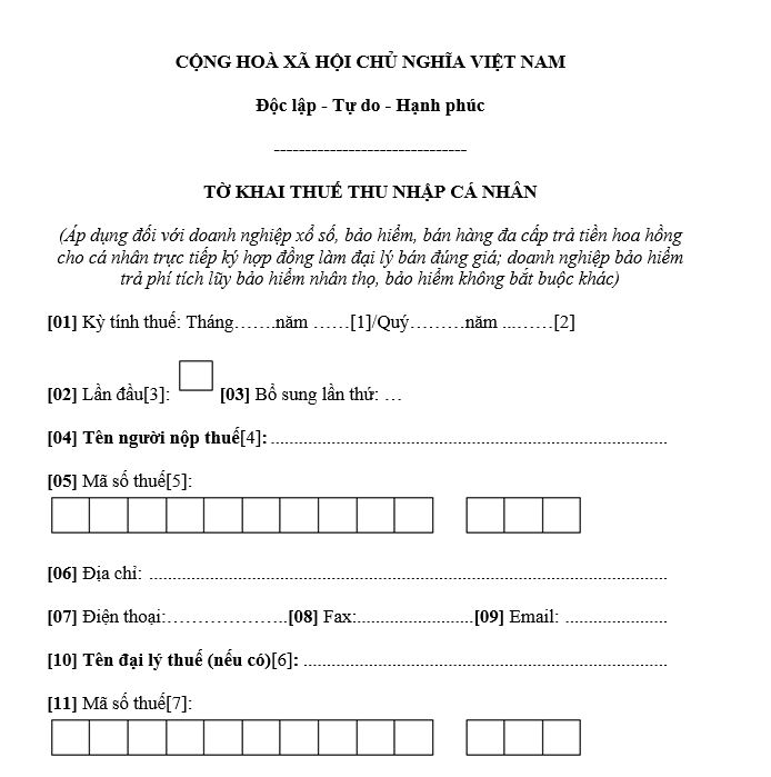 Mẫu 01/XSBHĐC: Tờ khai thuế TNCN
