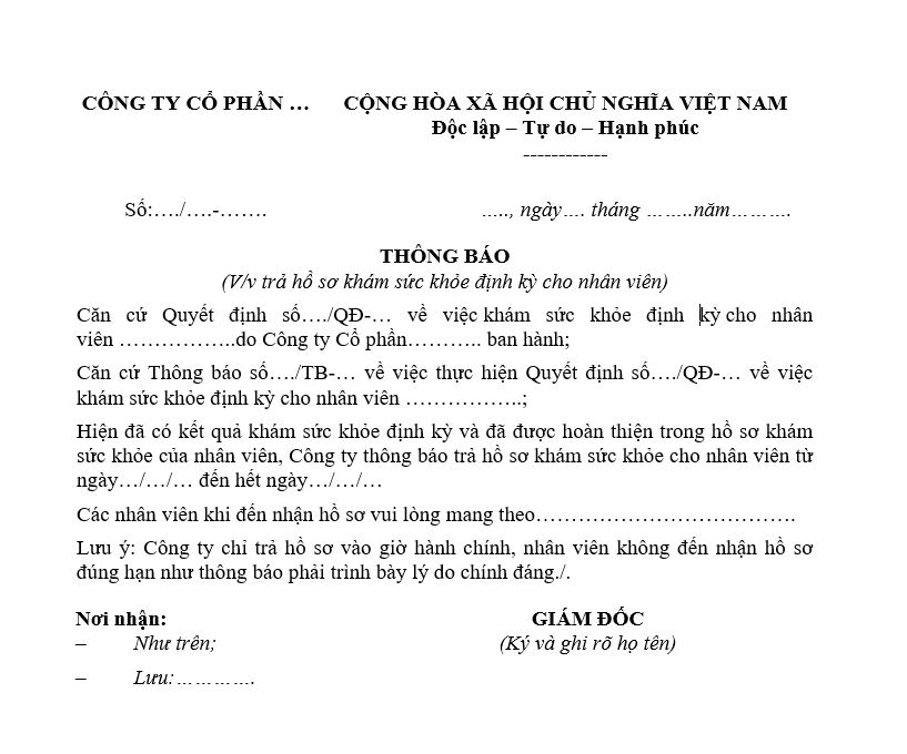 Mẫu thông báo trả hồ sơ