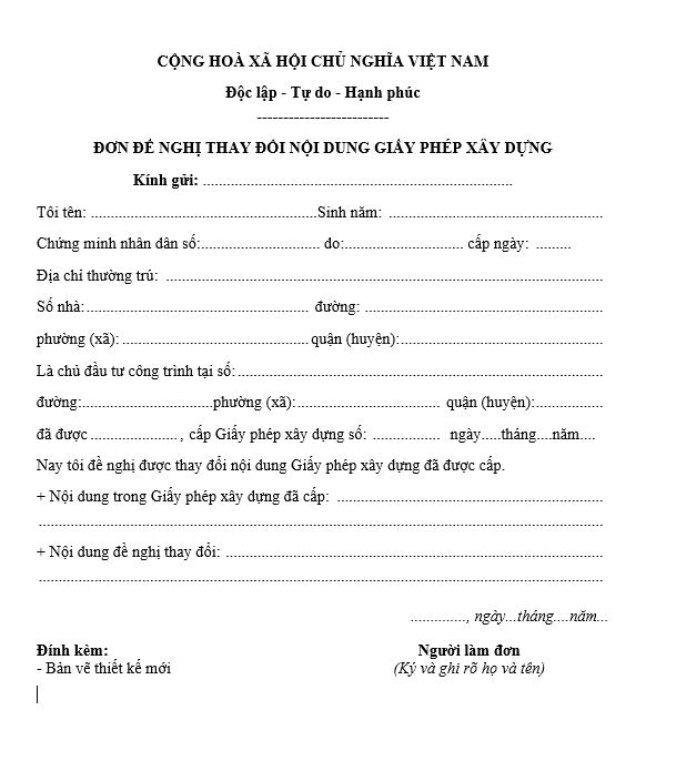 Mẫu đơn đề nghị thay đổi nội dung giấy phép xây dựng