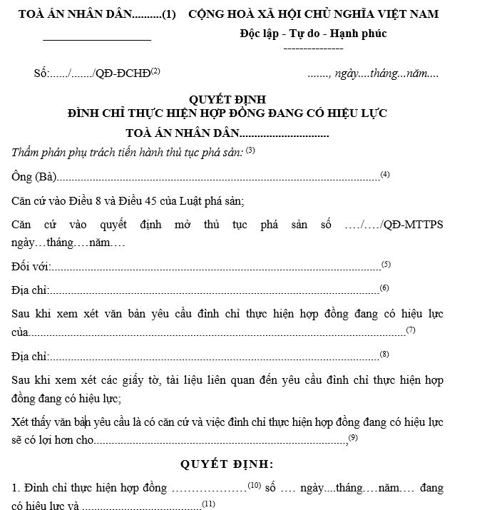 Mẫu quyết định đình chỉ thực hiện hợp đồng đang có hiệu lực