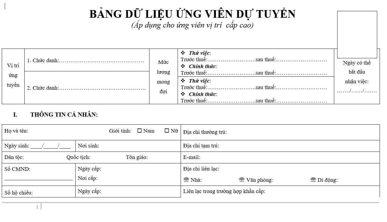 Hệ thống quản trị nhân sự - Bảng dữ liệu ứng viên vị trí cao câp