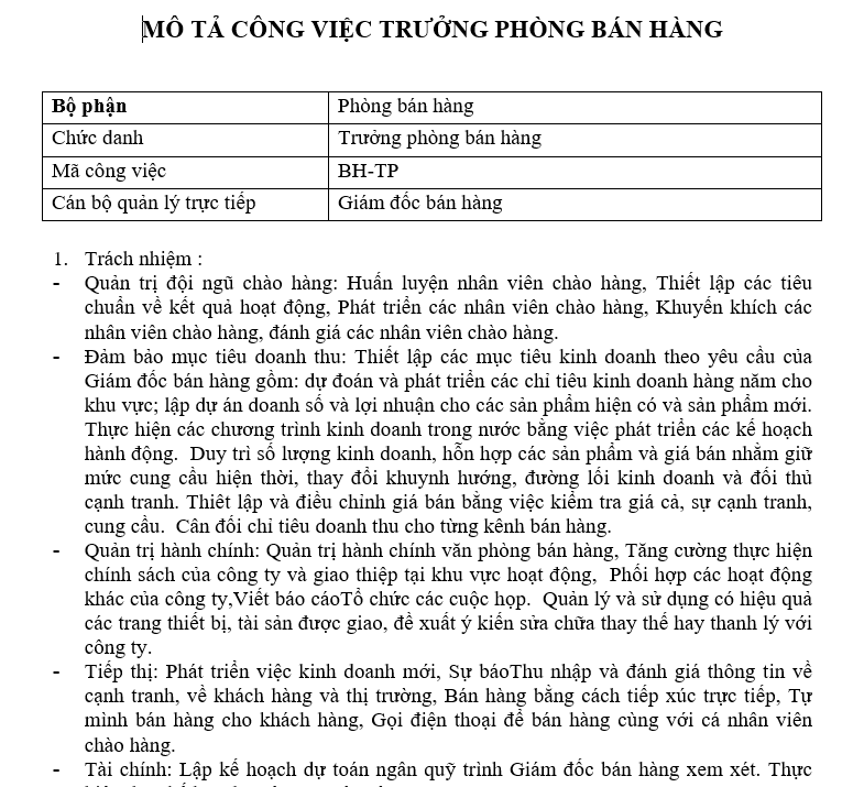 Quy trình bán hàng -Mô tả công việc của Trưởng phòng bán hàng