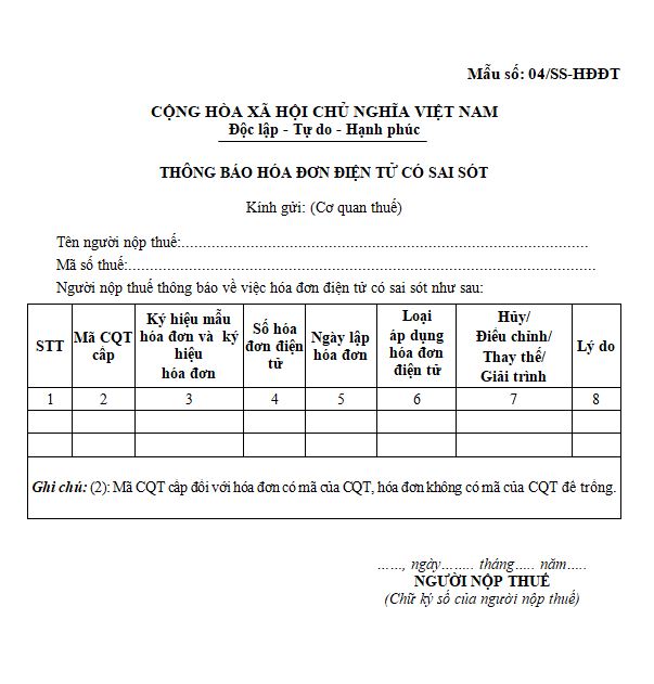 Mẫu 04/SS-HĐĐT: Thông báo hóa đơn điện tử có sai sót 2024