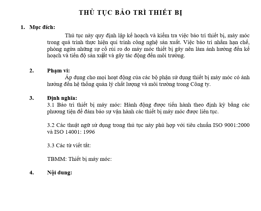 Quản trị hành chính - Thủ tục bảo trì thiết bị