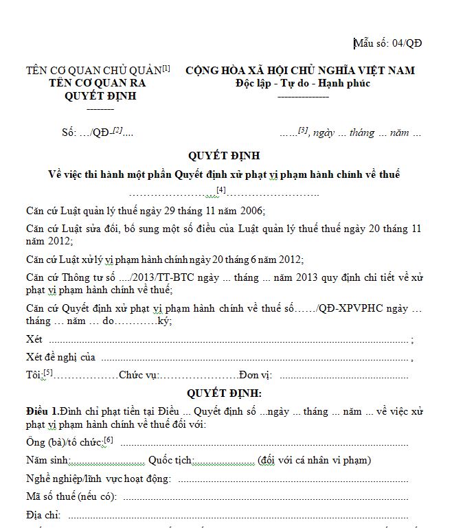 Mẫu quyết định về việc thi hành một phần quyết định xử phạt vi phạm hành chính về thuế
