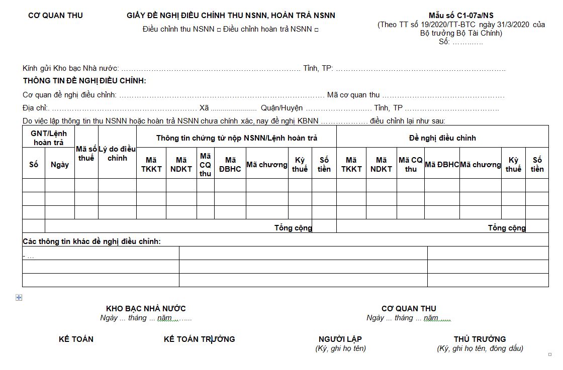 Mẫu C1-07a/NS: Giấy đề nghị điều chỉnh thu ngân sách nhà nước, hoàn trả ngân sách nhà nước